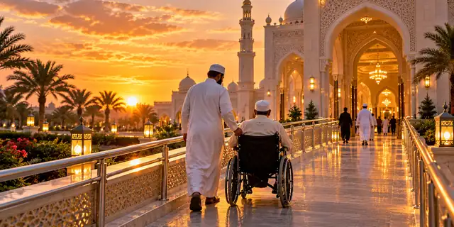 A man in a wheelchair being helped up a ramp into a mosque at sunset