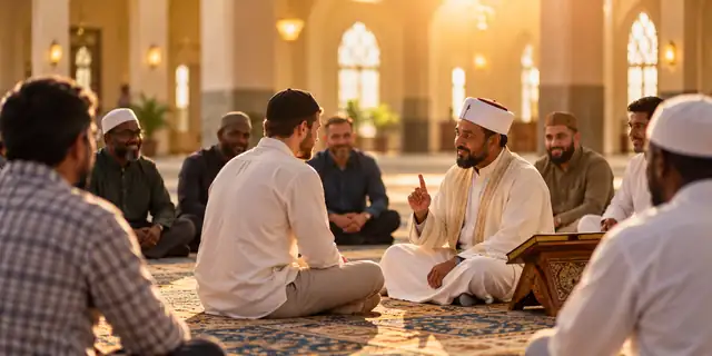 An imam talking with a circle of brothers in a mosque
