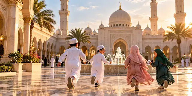 Children running and playing in a mosque courtyard