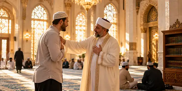 An imam warmly welcoming a new Muslim in a mosque